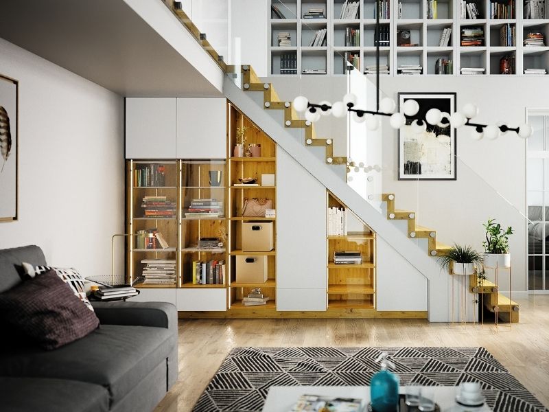Treppenunterschrank in Weiß und Holz