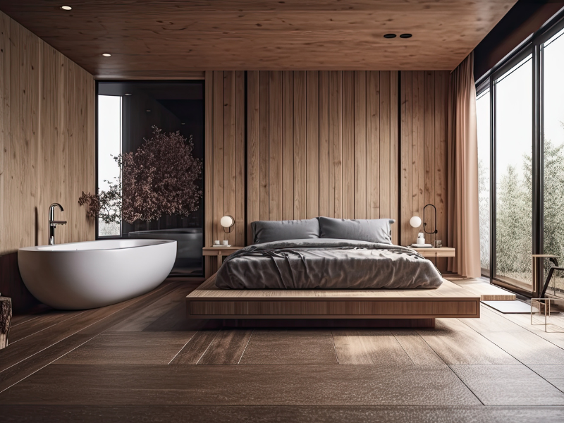 Holzwand, Bett, Badewanne, Japandi Stil Wohntrend