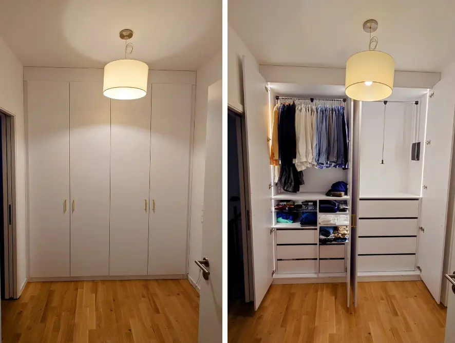 Einbauschrank mit LED Beleuchtung in Nische zwischen Bad und Schlafzimmer